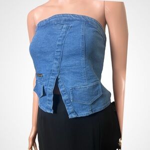 Chic Blue Strapless Denim Top  XL